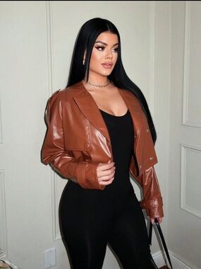 SHEIN Cropped Chestnut Faux Leather Jacket